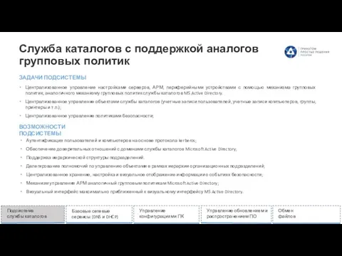 Служба каталогов с поддержкой аналогов групповых политик Централизованное управление настройками серверов, АРМ,