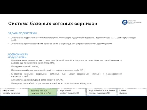 Система базовых сетевых сервисов Обеспечения корректной настройки параметров АРМ, серверов и другого