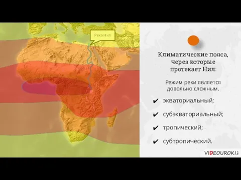 Река Нил Климатические пояса, через которые протекает Нил: Режим реки является довольно