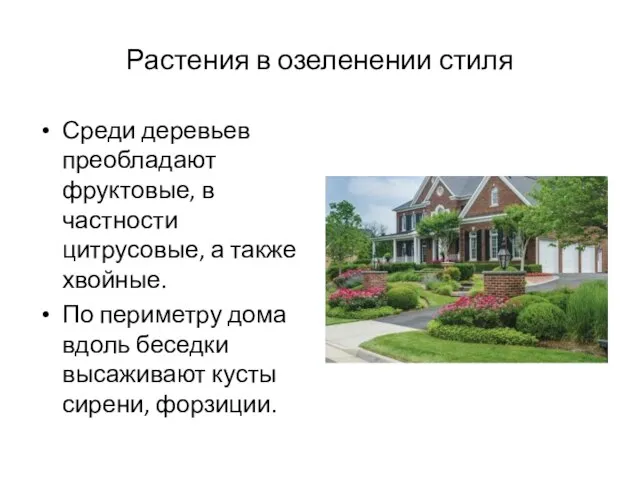 Растения в озеленении стиля Среди деревьев преобладают фруктовые, в частности цитрусовые, а