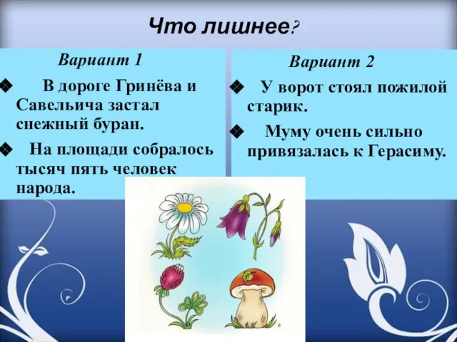 Что лишнее? Вариант 1 В дороге Гринёва и Савельича застал снежный буран.