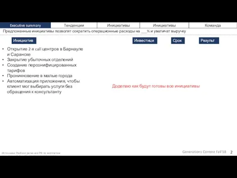 Executive summary Тенденции Инициативы Инициативы Команда 2 Generations Contest Fall'18 Предложенные инициативы