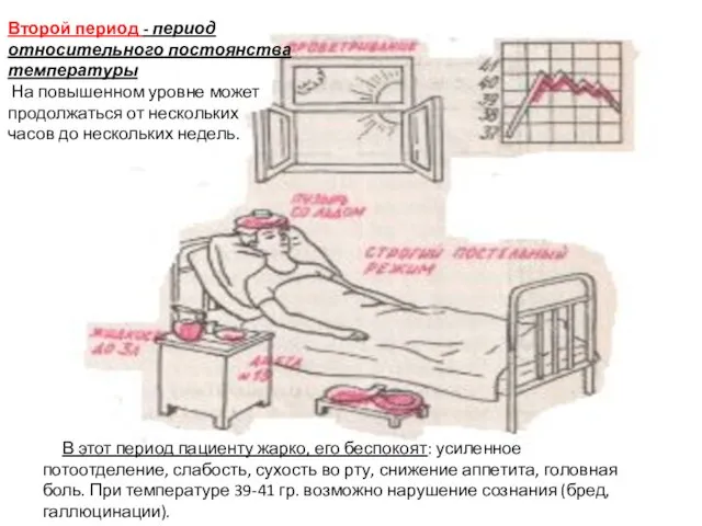 Второй период - период относительного постоянства температуры На повышенном уровне может продолжаться