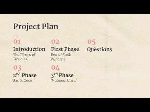 Project Plan Introduction 01 The ‘Times of Troubles’ First Phase 02 End