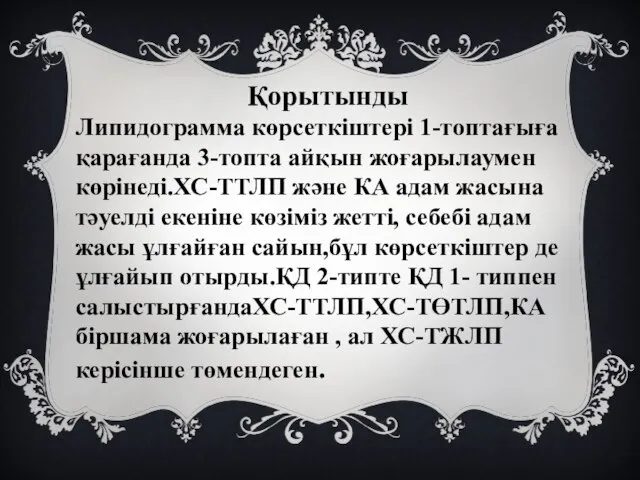 Қорытынды Липидограмма көрсеткіштері 1-топтағыға қарағанда 3-топта айқын жоғарылаумен көрінеді.ХС-ТТЛП және КА адам