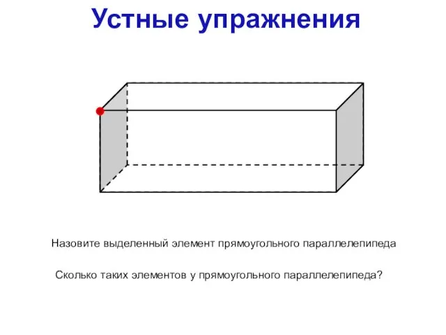 Устные упражнения Назовите выделенный элемент прямоугольного параллелепипеда Сколько таких элементов у прямоугольного параллелепипеда?