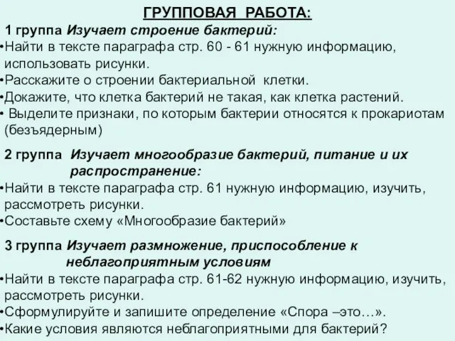 ГРУППОВАЯ РАБОТА: 1 группа Изучает строение бактерий: Найти в тексте параграфа стр.