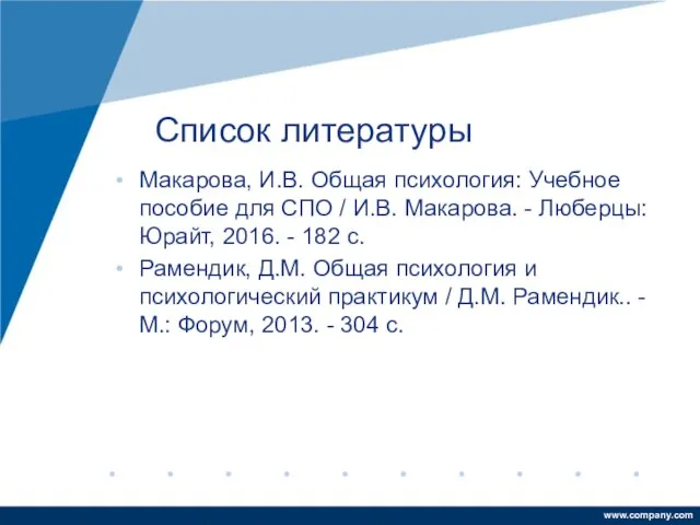 Список литературы Макарова, И.В. Общая психология: Учебное пособие для СПО / И.В.