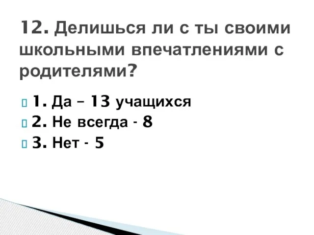 1. Да – 13 учащихся 2. Не всегда - 8 3. Нет