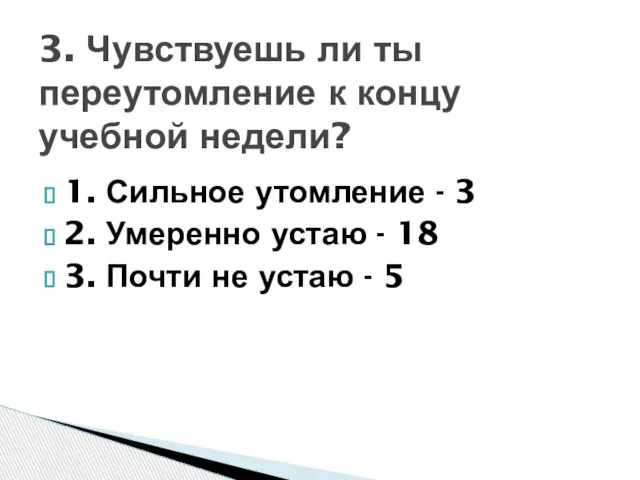 1. Сильное утомление - 3 2. Умеренно устаю - 18 3. Почти