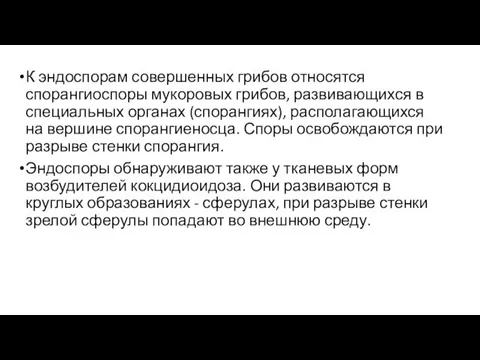 К эндоспорам совершенных грибов относятся спорангиоспоры мукоровых грибов, развивающихся в специальных органах