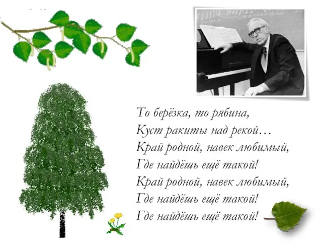 То берёзка, то рябина, Куст ракиты над рекой… Край родной, навек любимый,