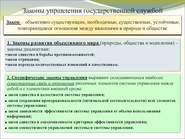 Законы управления государственной службой 1. Законы развития объективного мира (природы, общества и