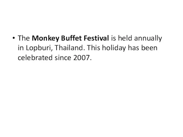 The Monkey Buffet Festival is held annually in Lopburi, Thailand. This holiday