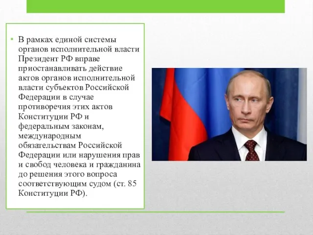 В рамках единой системы органов исполнительной власти Президент РФ вправе приостанавливать действие