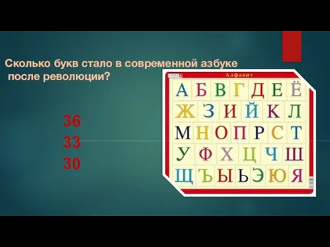 Сколько букв стало в современной азбуке после революции? 36 33 30 36 33 30