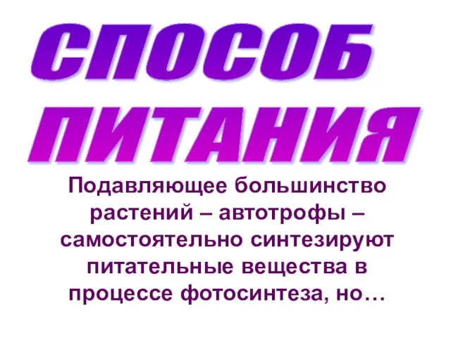 СПОСОБ ПИТАНИЯ Подавляющее большинство растений – автотрофы – самостоятельно синтезируют питательные вещества в процессе фотосинтеза, но…