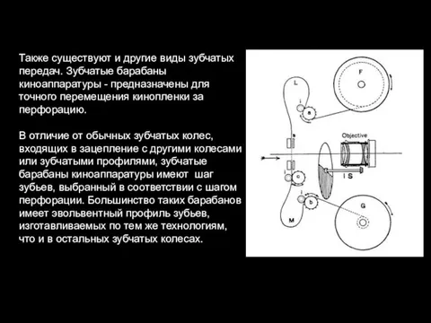 Также существуют и другие виды зубчатых передач. Зубчатые барабаны киноаппаратуры - предназначены