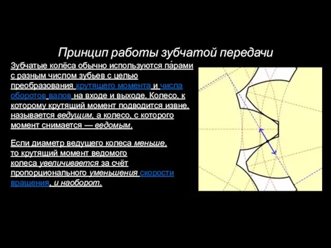 Принцип работы зубчатой передачи Зубчатые колёса обычно используются па́рами с разным числом