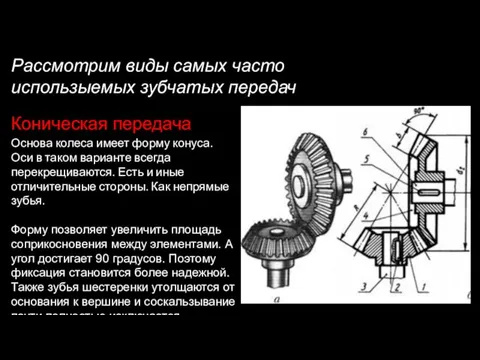 Рассмотрим виды самых часто использыемых зубчатых передач Основа колеса имеет форму конуса.