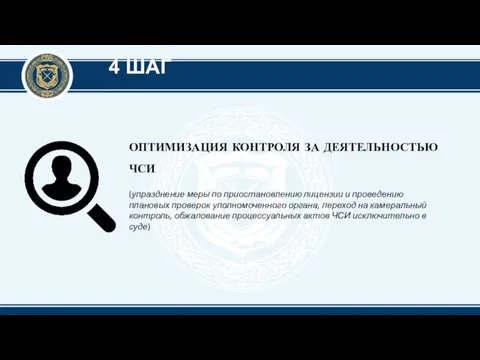 4 ШАГ ОПТИМИЗАЦИЯ КОНТРОЛЯ ЗА ДЕЯТЕЛЬНОСТЬЮ ЧСИ (упразднение меры по приостановлению лицензии