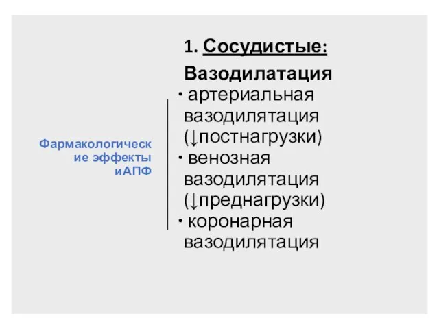 Фармакологические эффекты иАПФ 1. Сосудистые: Вазодилатация артериальная вазодилятация (↓постнагрузки) венозная вазодилятация (↓преднагрузки) коронарная вазодилятация