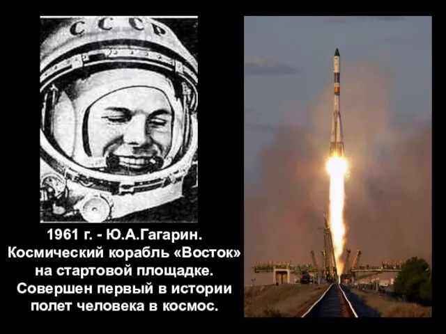 1961 г. - Ю.А.Гагарин. Космический корабль «Восток» на стартовой площадке. Совершен первый