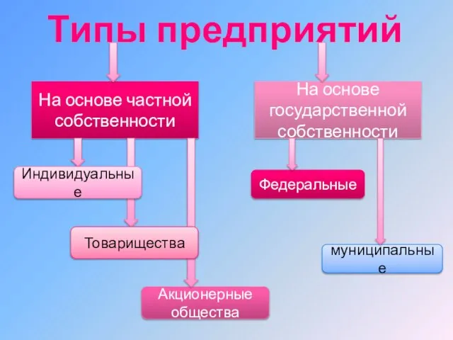 Типы предприятий На основе частной собственности На основе государственной собственности Федеральные муниципальные Акционерные общества Товарищества Индивидуальные