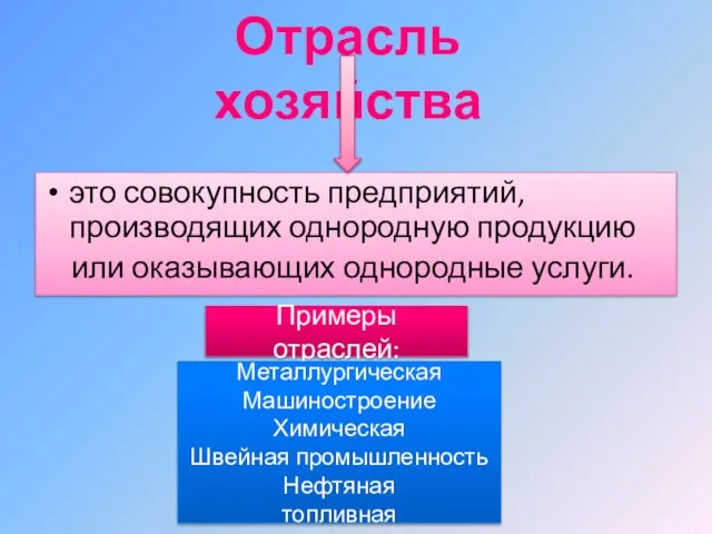 это совокупность предприятий, производящих однородную продукцию или оказывающих однородные услуги. Отрасль хозяйства