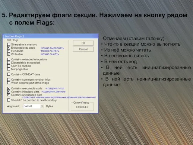5. Редактируем флаги секции. Нажимаем на кнопку рядом с полем Flags: Отмечаем