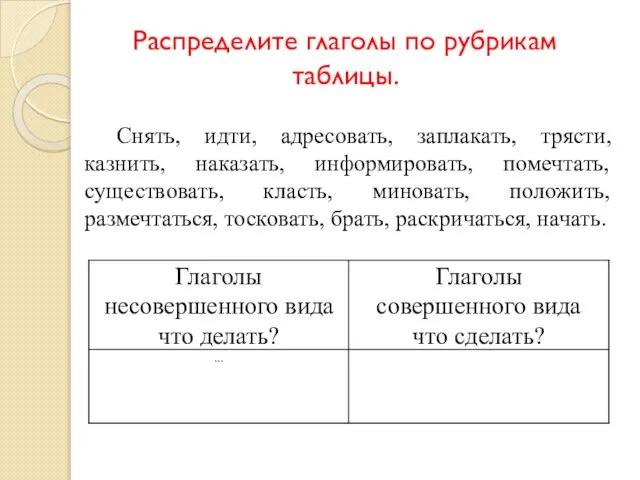 Снять, идти, адресовать, заплакать, трясти, казнить, наказать, информировать, помечтать, существовать, класть, миновать,