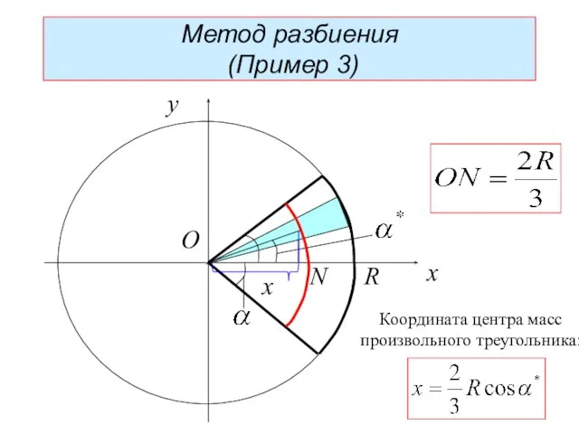 R N x y O x Метод разбиения (Пример 3) Координата центра масс произвольного треугольника: