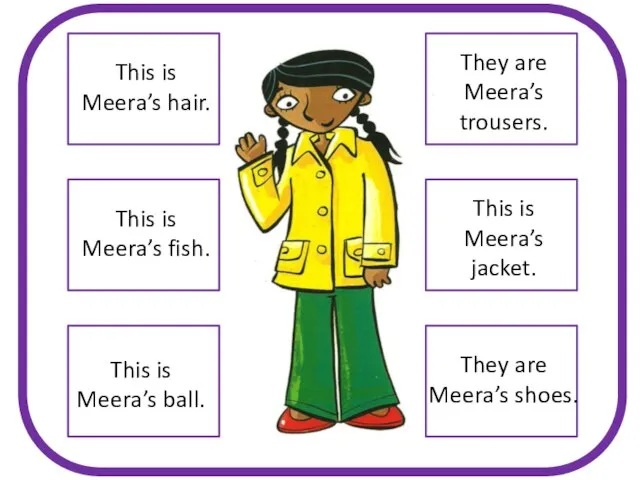 They are Meera’s trousers. They are Meera’s shoes. This is Meera’s hair.