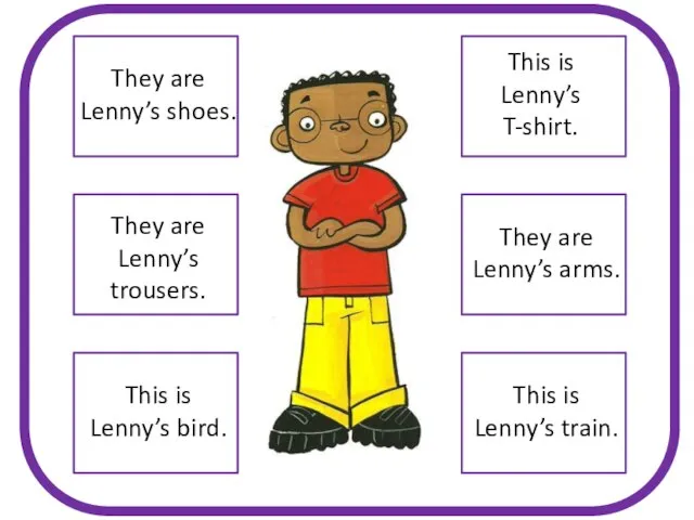 This is Lenny’s T-shirt. This is Lenny’s bird. This is Lenny’s train.