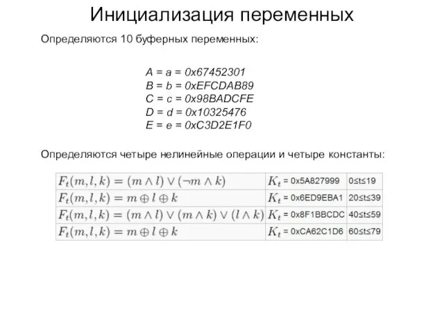 Инициализация переменных A = a = 0x67452301 B = b = 0xEFCDAB89