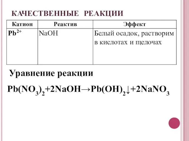 КАЧЕСТВЕННЫЕ РЕАКЦИИ Уравнение реакции Pb(NO3)2+2NaOH→Pb(OH)2↓+2NaNO3
