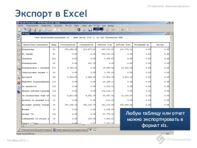 Экспорт в Excel Октябрь 2012 г. СП-Зарплата. Описание решения Любую таблицу или