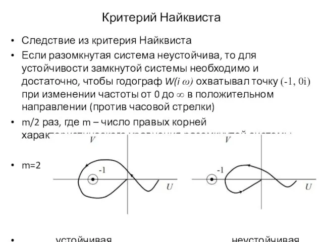 Критерий Найквиста Следствие из критерия Найквиста Если разомкнутая система неустойчива, то для