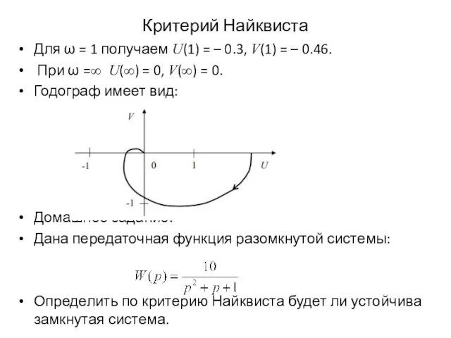 Критерий Найквиста Для ω = 1 получаем U(1) = – 0.3, V(1)