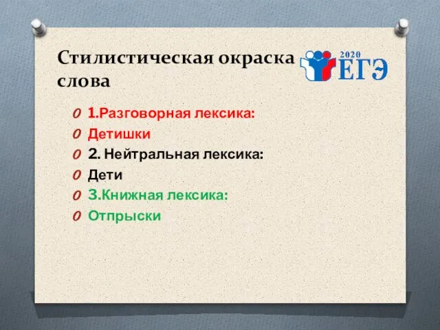 Стилистическая окраска слова 1.Разговорная лексика: Детишки 2. Нейтральная лексика: Дети 3.Книжная лексика: Отпрыски