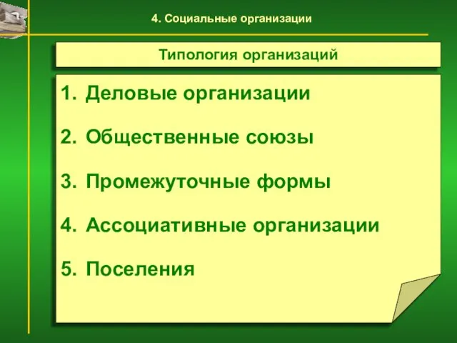 Деловые организации Общественные союзы Промежуточные формы Ассоциативные организации Поселения Типология организаций