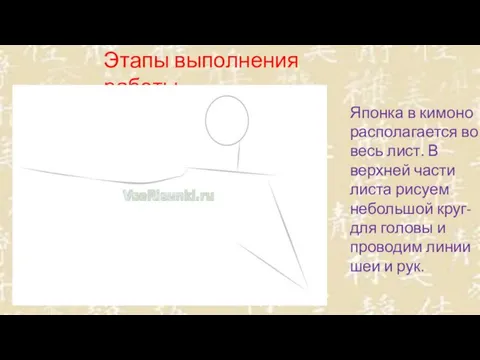 Этапы выполнения работы. Японка в кимоно располагается во весь лист. В верхней