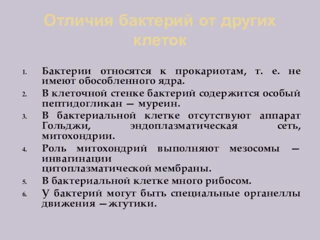 Отличия бактерий от других клеток Бактерии относятся к прокариотам, т. е. не