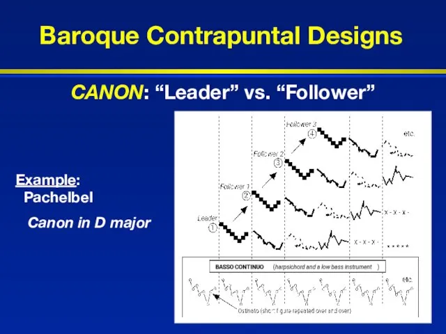 Baroque Contrapuntal Designs Example: Pachelbel Canon in D major CANON: “Leader” vs. “Follower”