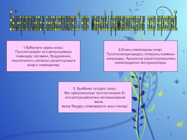 Бейнаркотикалық анальгетиктер 3 өте маңызды фармакологиялық әсер көрсетеді. 1.Қабынуға қарсы әсері. Простагландин