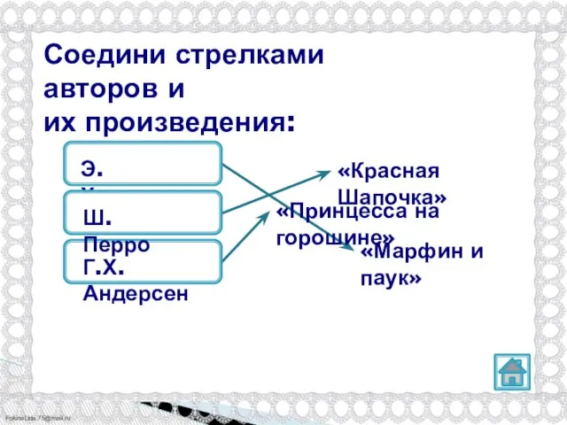 Соедини стрелками авторов и их произведения: «Красная Шапочка» «Принцесса на горошине» «Марфин