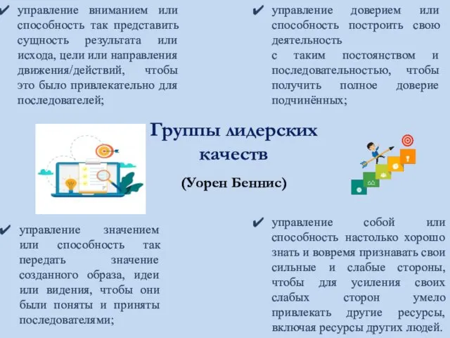 Группы лидерских качеств (Уорен Беннис) управление вниманием или способность так представить сущность