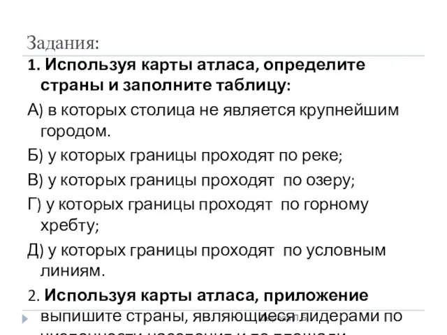 Задания: Дырова Л.Б. 1. Используя карты атласа, определите страны и заполните таблицу: