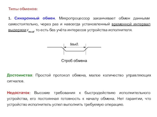 Типы обменов: 1. Синхронный обмен. Микропроцессор заканчивает обмен данными самостоятельно, через раз