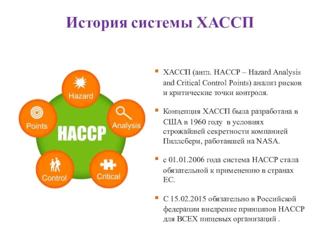 История системы ХАССП ХАССП (англ. HACCP – Hazard Analysis and Critical Control